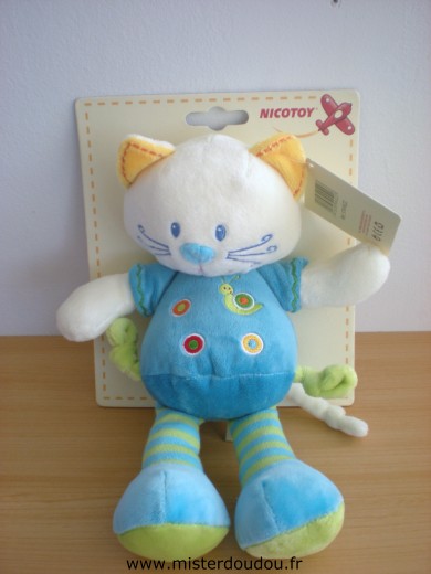 Doudou Chat Nicotoy Bleu vert blanc 