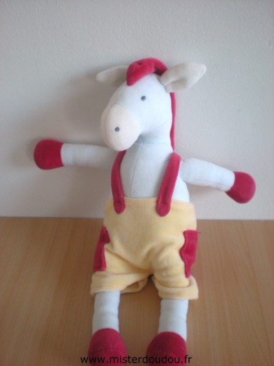 Doudou Cheval Sucre d orge Blanc rouge salopette jaune 