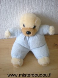 Doudou Chien Bébisol Tissus eponge bleu et peluche beige 