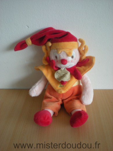 Doudou Clown Doudou et compagnie Orange bonnet rouge N'a plus son mouchoir blanc a la main