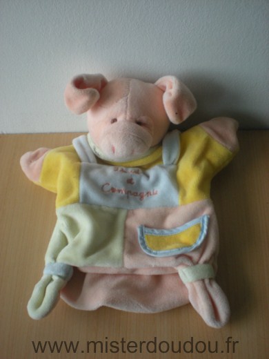 Doudou Cochon Doudou et compagnie Jaune bleu vert rose 