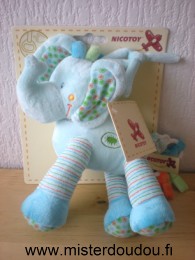 Doudou Eléphant Nicotoy Bleu  jambes rayées Musical
une jambe fait bruit de papier