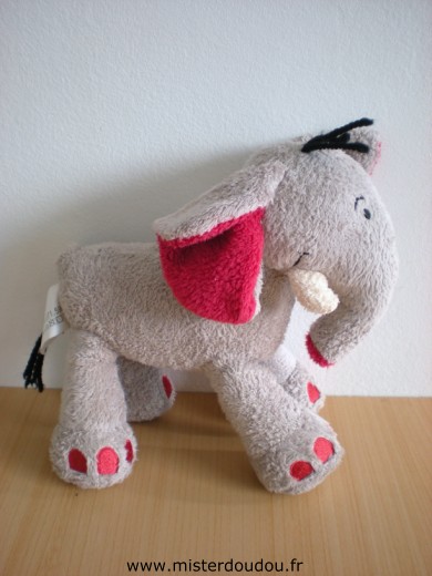 Doudou Eléphant Nicotoy Gris rouge Son ventre fait un bruit de papier froissé