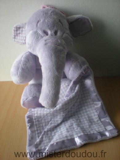 Doudou Eléphant Nicotoy Lumpy mauve avec mouchoir mauve vichy liseret soie 