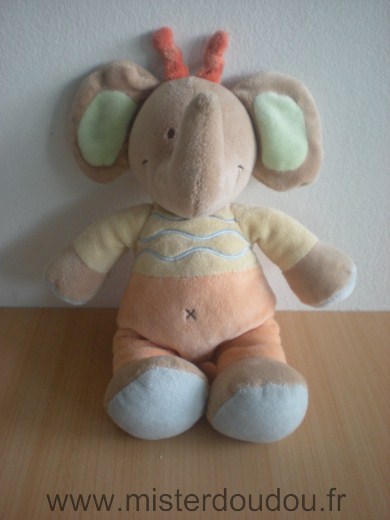 Doudou Eléphant Nicotoy Orange jaune beige vert 