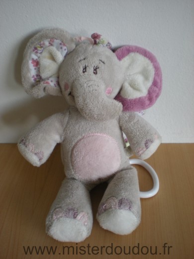 Doudou Eléphant Noukie s Kali gris rose fleurs 