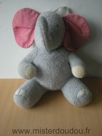 Doudou Eléphant Sucre d orge Gris oreilles vichy rouge 