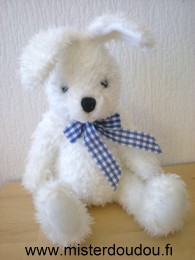 Doudou Lapin 0 Blanc noeud carreaux bleu blanc 