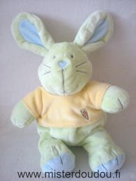 Doudou Lapin 0 Vert pull jaune avec une carotte brodée Oreilles font bruit de papier froissé