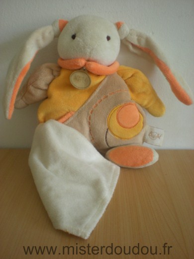 Doudou Lapin Baby nat Beige orange jaune mouchoir ecru 