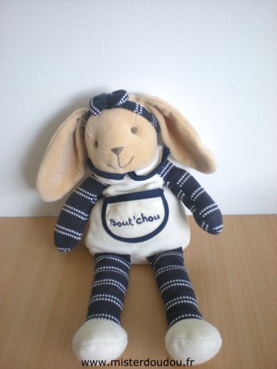 Doudou Lapin Baby nat Blanc bleu marine boutchou 