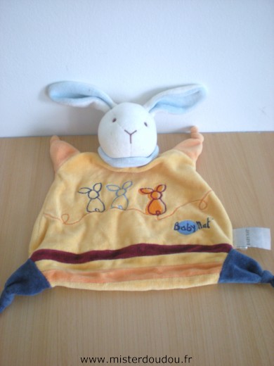 Doudou Lapin Baby nat Jaune orange bleu avec 3 lapins brodés 