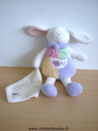 Doudou Lapin Baby nat Jaune rouge vert mauve brodé les bonbons avec mouchoir beige 