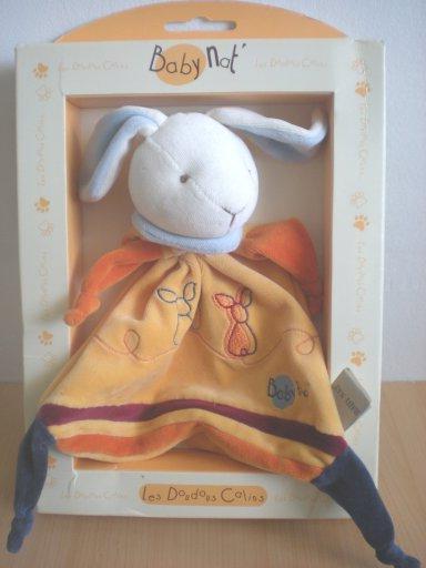 Doudou Lapin Baby nat Orange bleu brodé 3 lapins 