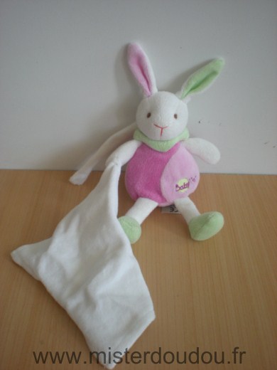 Doudou Lapin Baby nat Rose vert mouvhoir blanc Avec une attache scratch dans le dos