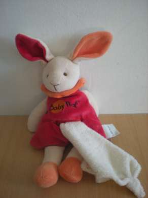 Doudou Lapin Baby nat Rouge orange mouchoir blanc 