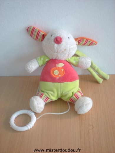 Doudou Lapin Baby sun Vert rouge avec motif pomme Etat général bon mais attention boite musicale cassée !