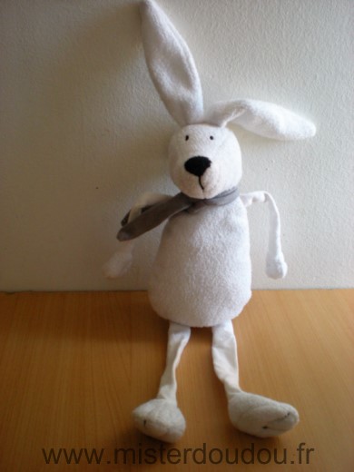 Doudou Lapin Bout chou Blanc echarpe grise 