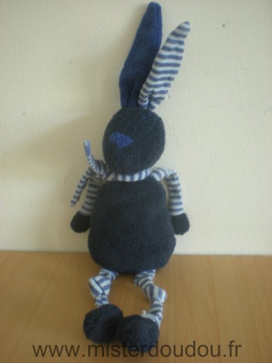 Doudou Lapin Bout chou Bleu marine pattes rayees bleues 