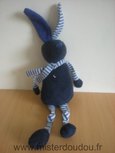 Doudou Lapin Bout chou Bleu marine pattes rayees bleues 