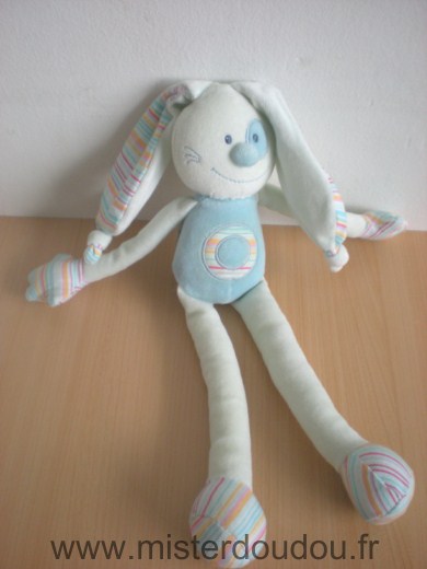 Doudou Lapin Bout chou Bleu rayé multicolore Ses oreilles font un bruit de papier froissé