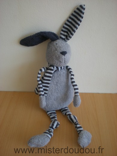 Doudou Lapin Bout chou Gris rayures bleu marines 