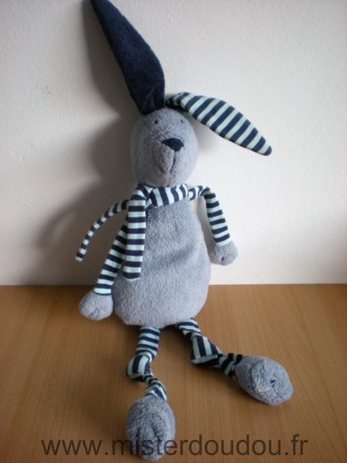 Doudou Lapin Bout chou Gris rayures bleu marines 