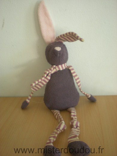 Doudou Lapin Bout chou Mauve , jambes et bras rayés blanc mauve 