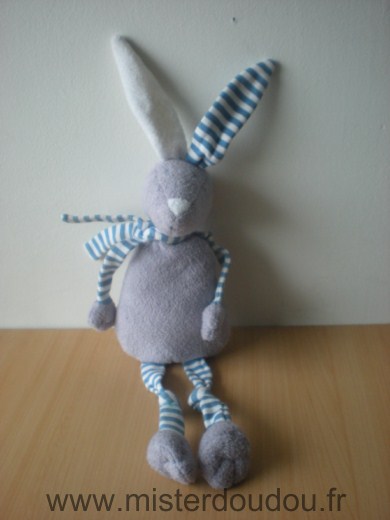 Doudou Lapin Bout chou Mauve , rayé bleu blanc 