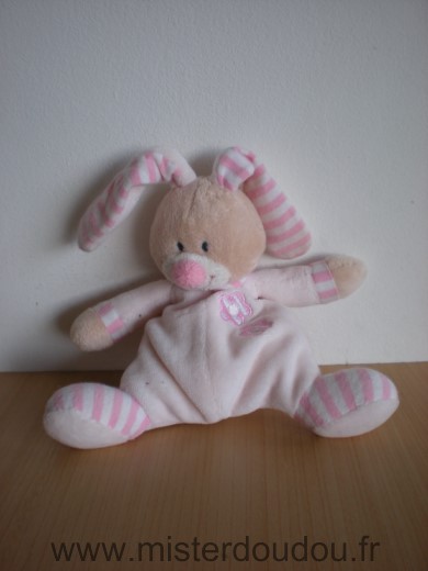 Doudou Lapin Bout chou Rose raye blanc deux fleurs 