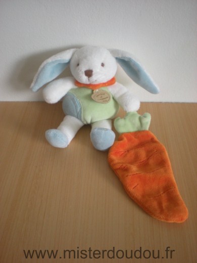 Doudou Lapin Doudou et compagnie Blanc bleu vert tenant carotte 