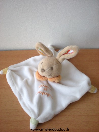 Doudou Lapin Doudou et compagnie Blanc col orange 5 noeuds