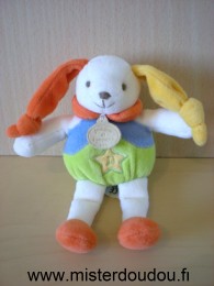 Doudou Lapin Doudou et compagnie Blanc orange jaune vert bleu Très bon état sauf la boite musicale qui ne fonctionne plus