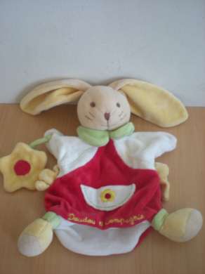 Doudou Lapin Doudou et compagnie Blanc rouge fleur jaune 