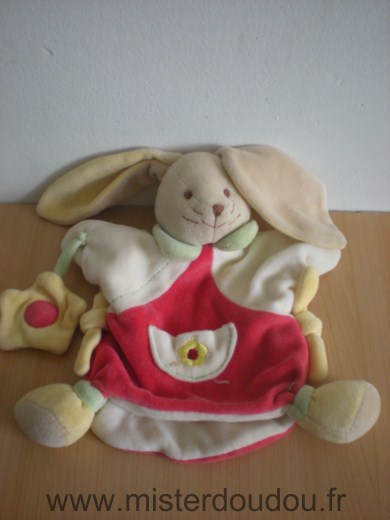 Doudou Lapin Doudou et compagnie Blanc rouge tenant fleur 