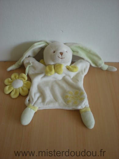 Doudou Lapin Doudou et compagnie Blanc vert fleur jaune 