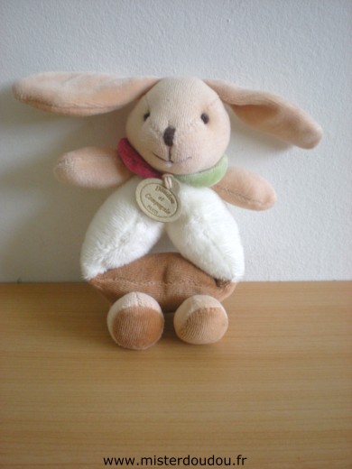 Doudou Lapin Doudou et compagnie Ecru beige col rouge et vert 