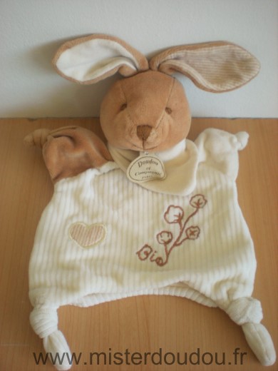 Doudou Lapin Doudou et compagnie Ecru coeur beige feuilles  blanc bio 