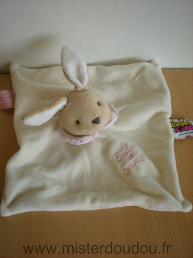 Doudou Lapin Doudou et compagnie Ecru col blanc liseret raye rose blanc 