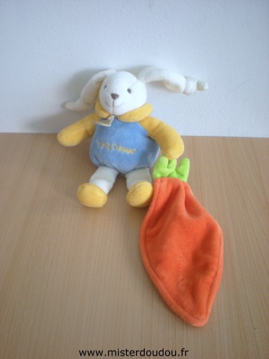 Doudou Lapin Doudou et compagnie Ptit doux bleu jaune blanc avec carotte 