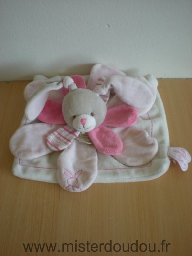 Doudou Lapin Doudou et compagnie Rose blanc gris petales roses 