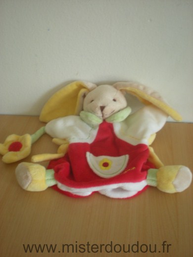 Doudou Lapin Doudou et compagnie Rouge blanc jaune fleur jaune 