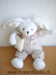 Doudou Lapin Doudou et compagnie Tricot blanc tissus vichy marron coussin beige 