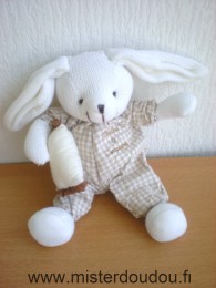 Doudou Lapin Doudou et compagnie Tricot blanc tissus vichy marron coussin beige 