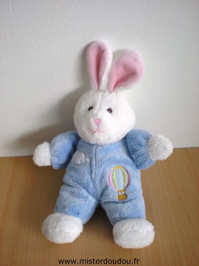 Doudou Lapin Gipsy Bleu blanc avec brodé un nuage et montgolfiere 