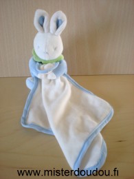 Doudou Lapin Klorane Blanc bleu col vert mouchoir blanc 