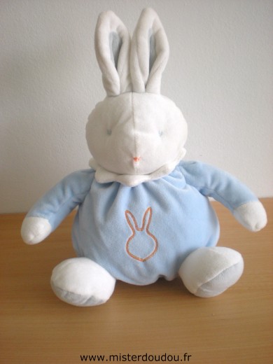 Doudou Lapin Klorane Bleu blanc gris avec tête de lapin brodé orange 