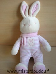 Doudou Lapin Klorane Entierement en  velour rayé rose blanc écharpe rose 