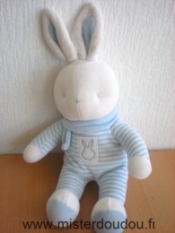 Doudou Lapin Klorane Rayé bleu blanc écharpe bleue 