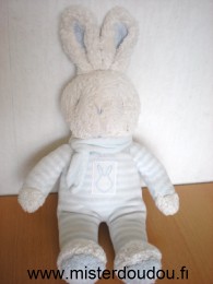 Doudou Lapin Klorane Rayé bleu blanc écharpe bleue 